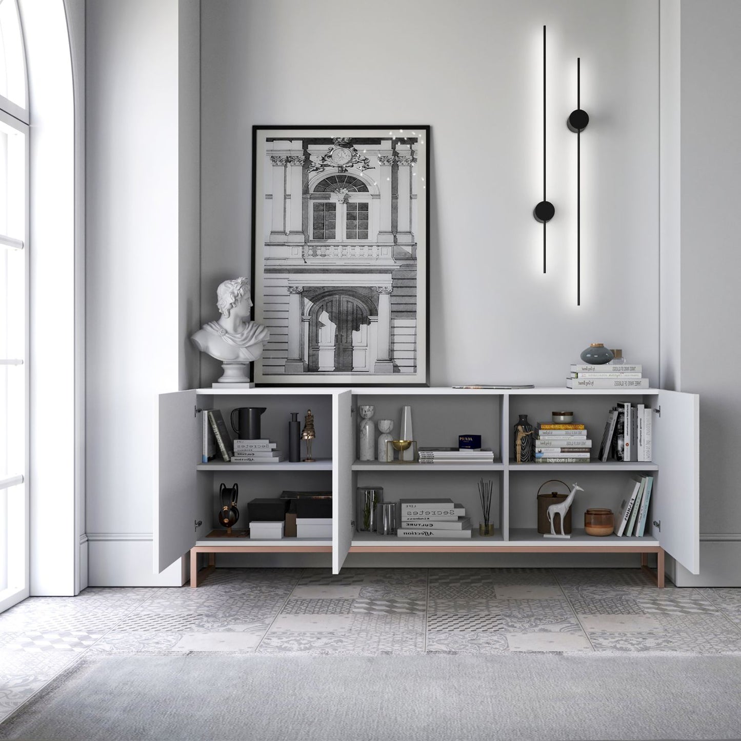 Elpis Glamour Sideboard TV Stand 168cm Push-to-Open Cabinet - White Matt / Copper Frame