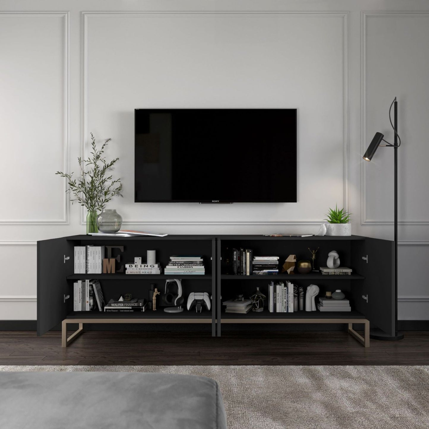 Elpis Glamour TV Cabinet Media Unit Extra Long 300 cm - White Matt / Gold Frame