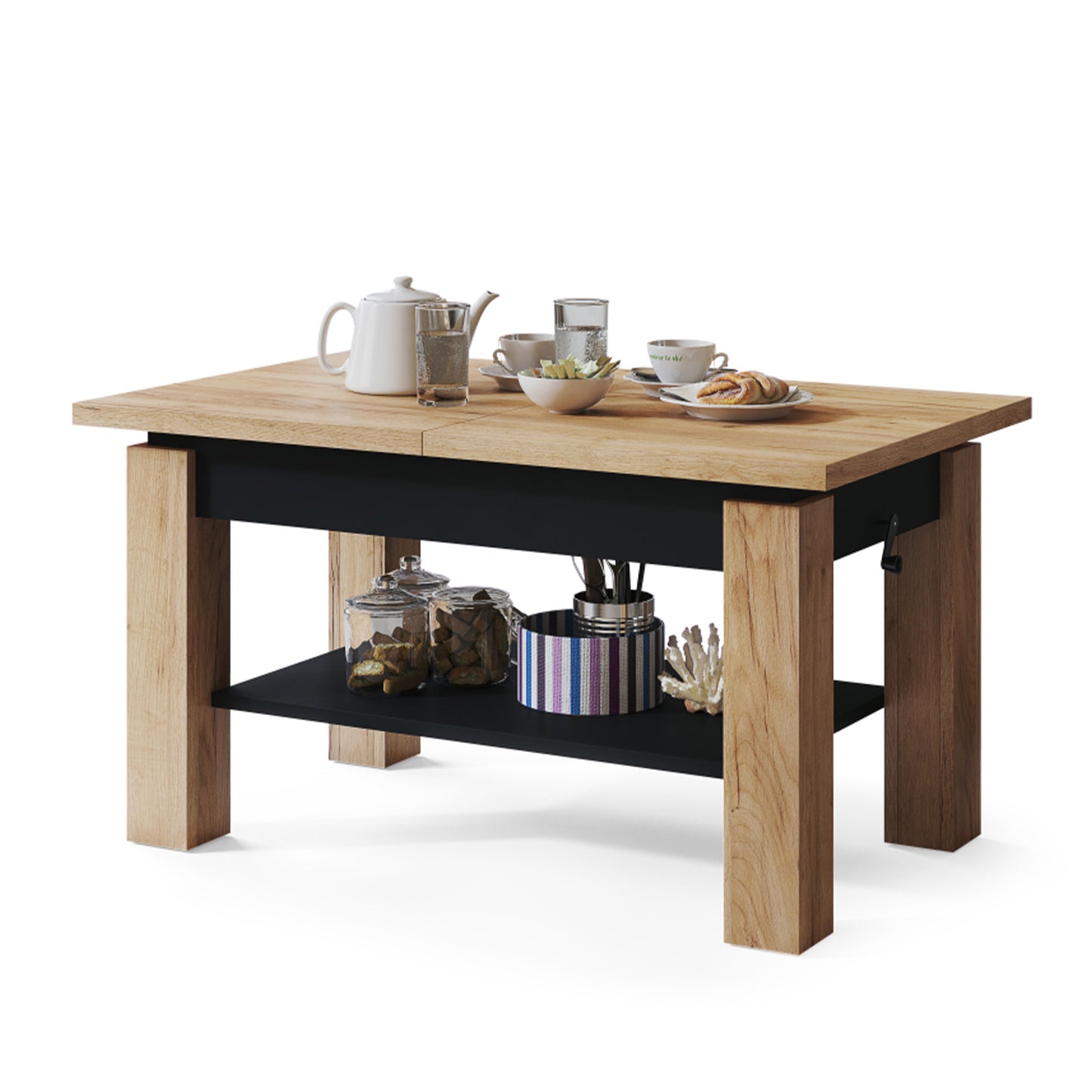 Alva 2 in 1 Extending Coffee / Dining Table 110-150cm - Gold Craft Oak / Black