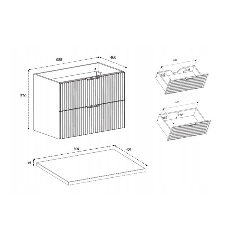 Flow Wall-Mounted 2 Drawer Bathroom Vanity Cabinet with Worktop 80cm - Black