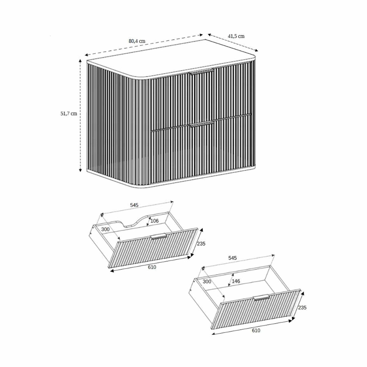 Elegance Glamour Style 2 Drawer Bathroom Wall Cabinet 80cm - Black