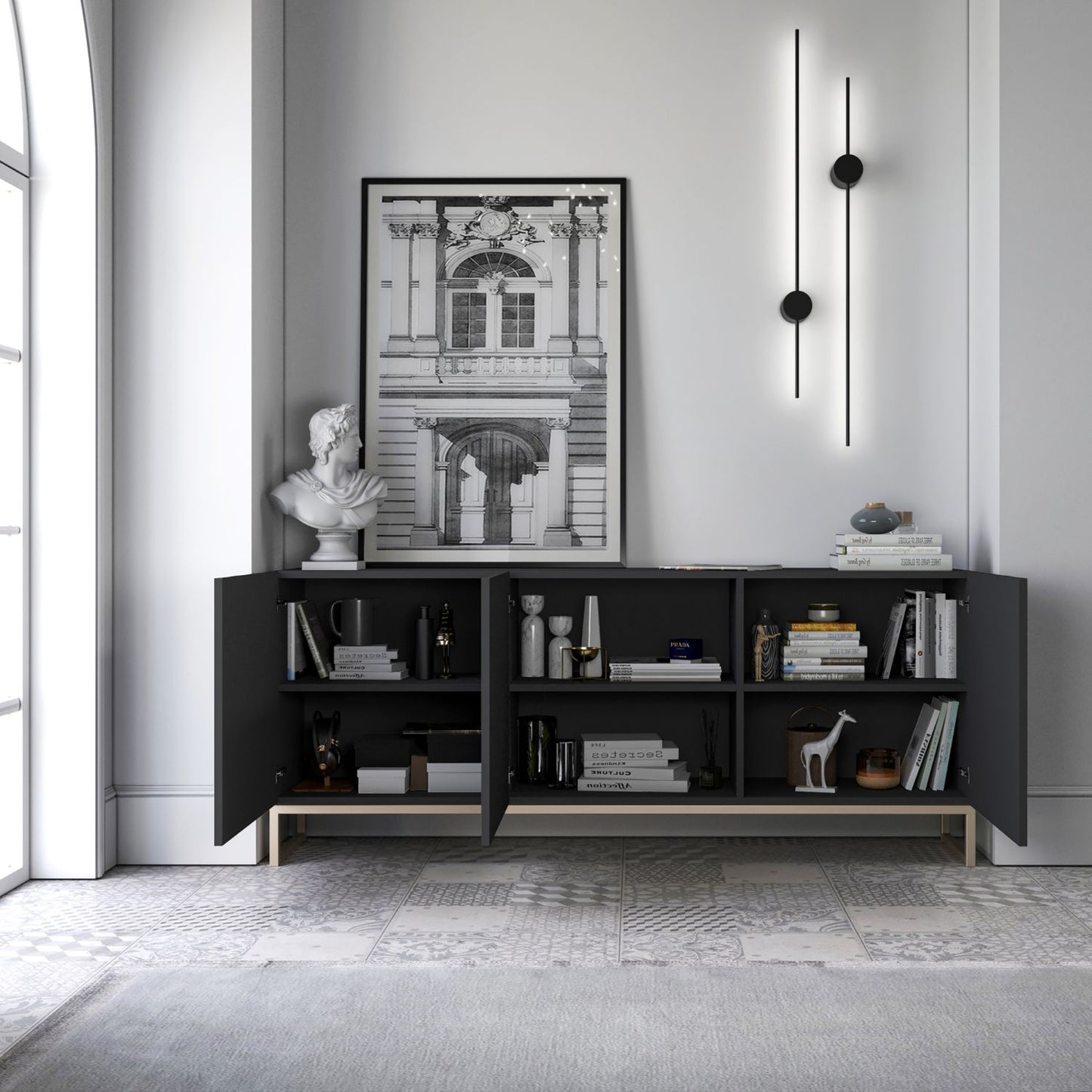 Elpis Glamour Sideboard TV Stand 168cm Push-to-Open Cabinet - Black Matt / Golden Frame