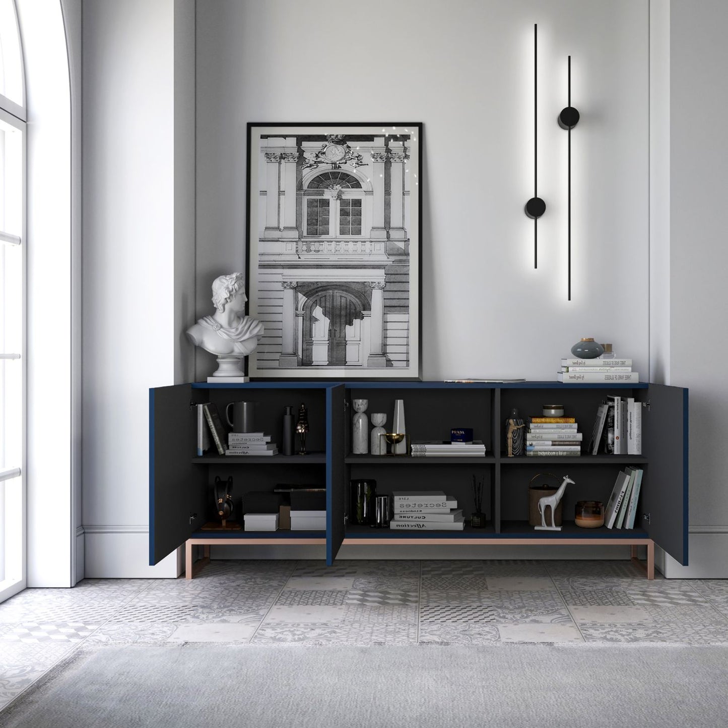 Elpis Glamour Sideboard TV Stand 168cm Push-to-Open Cabinet - Navy Matt / Copper Frame