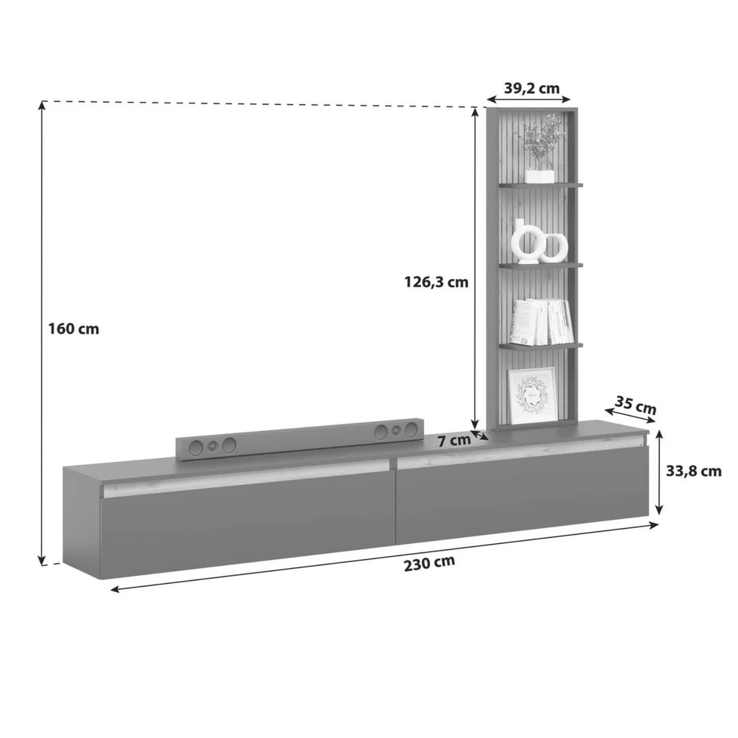 Raven Oak Slat Detail Large Modern TV Media Unit 230cm with Wall Shelf - Black / Artisan Oak
