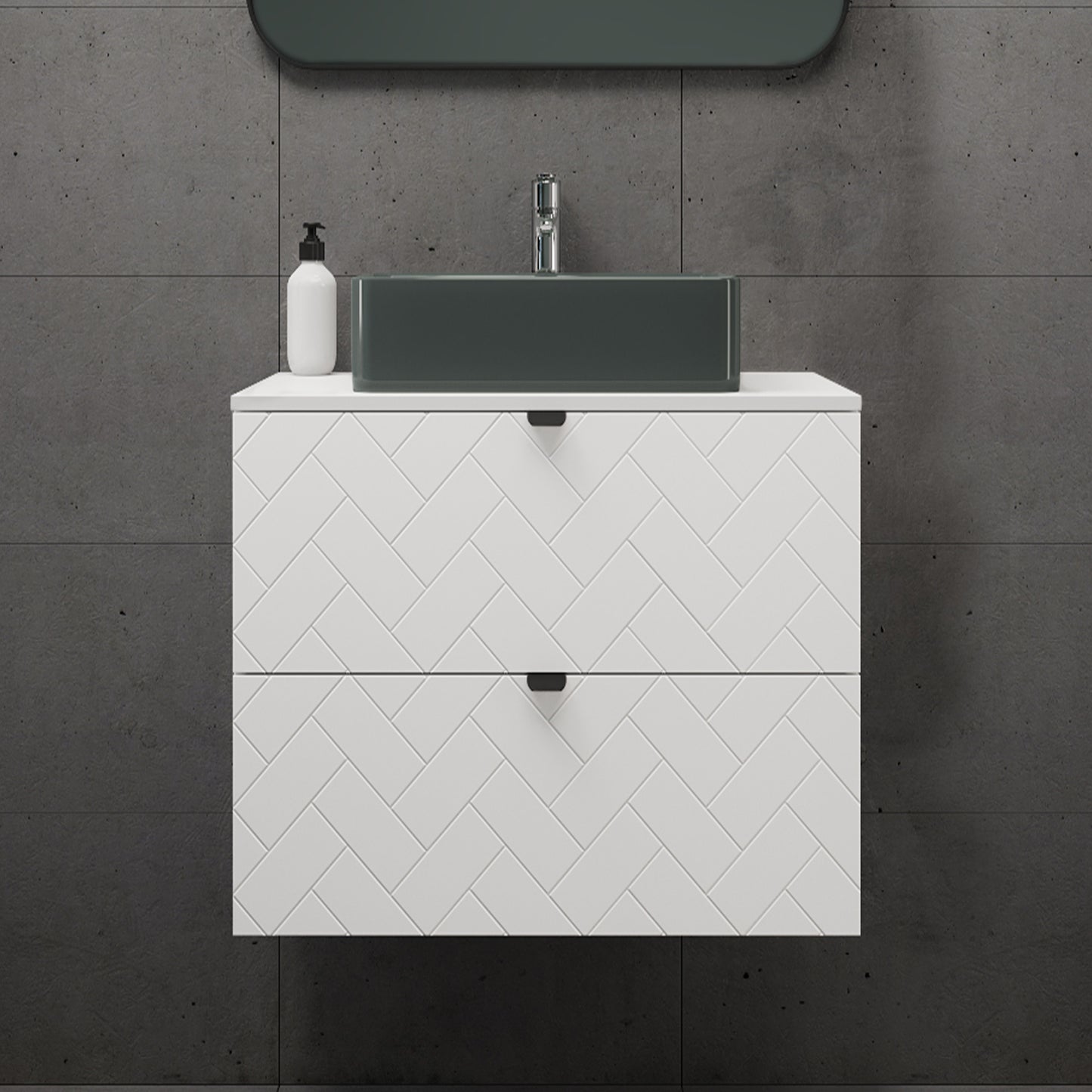 Trend Herringbone Pattern Door 60cm Bathroom Cabinet Vanity Unit with Worktop - White