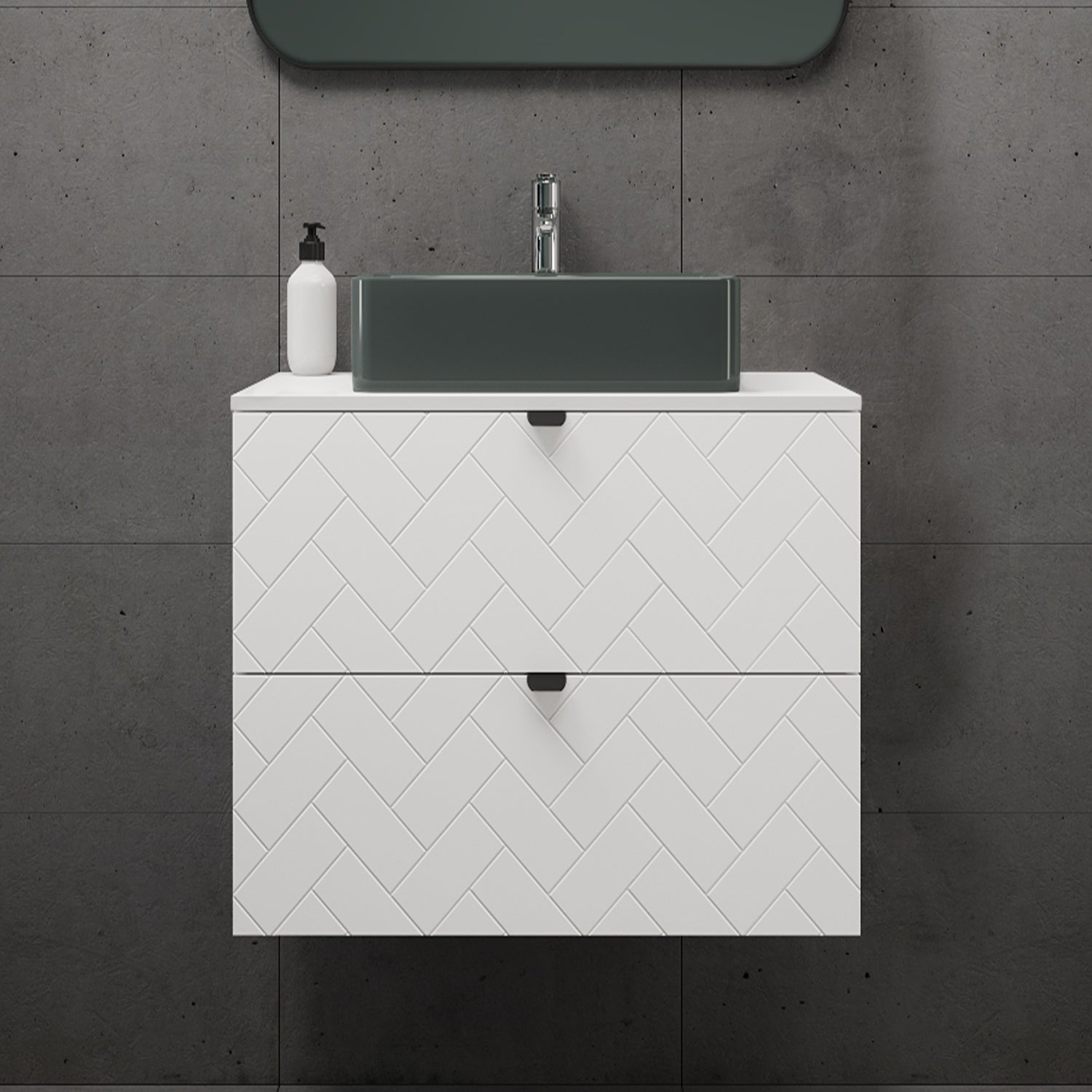 Trend Herringbone Pattern Door 60cm Bathroom Cabinet Vanity Unit with Worktop - White