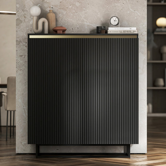 Selene Fluted Storage Cabinet – 2-Door Modern Sideboard - Black / Black Frame