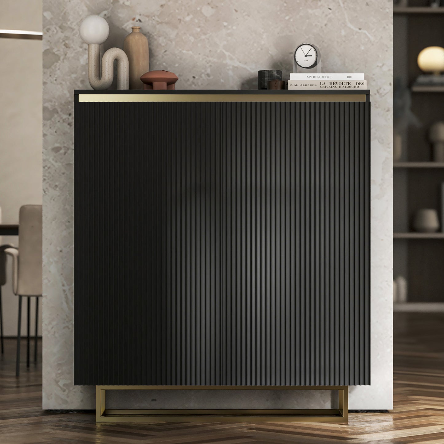 Selene Fluted Storage Cabinet – 2-Door Modern Sideboard - Black / Gold Frame