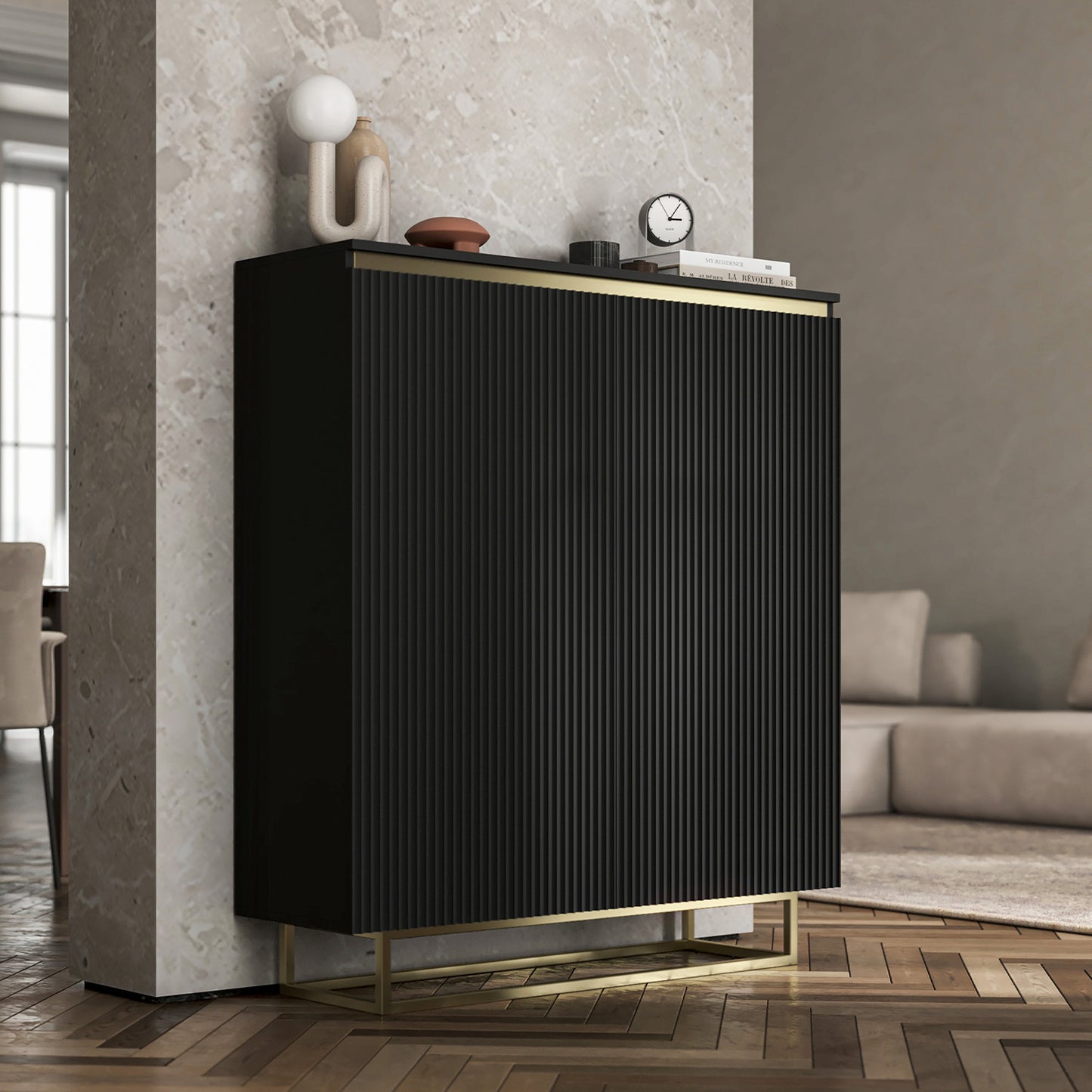 Selene Fluted Storage Cabinet – 2-Door Modern Sideboard - Black / Gold Frame