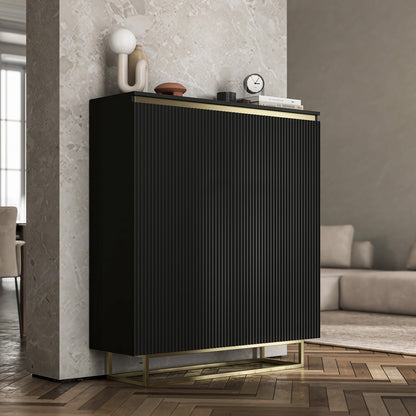 Selene Fluted Storage Cabinet – 2-Door Modern Sideboard - Black / Gold Frame