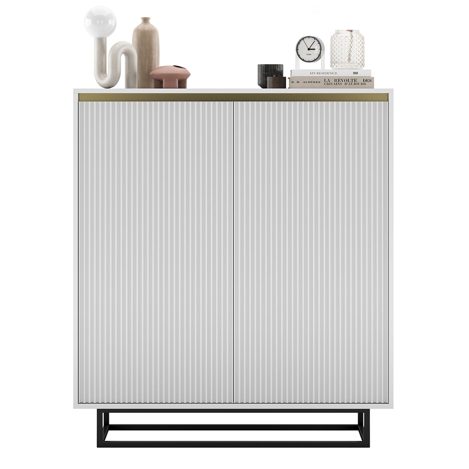 Selene Fluted Storage Cabinet – 2-Door Modern Sideboard - White / Black Frame