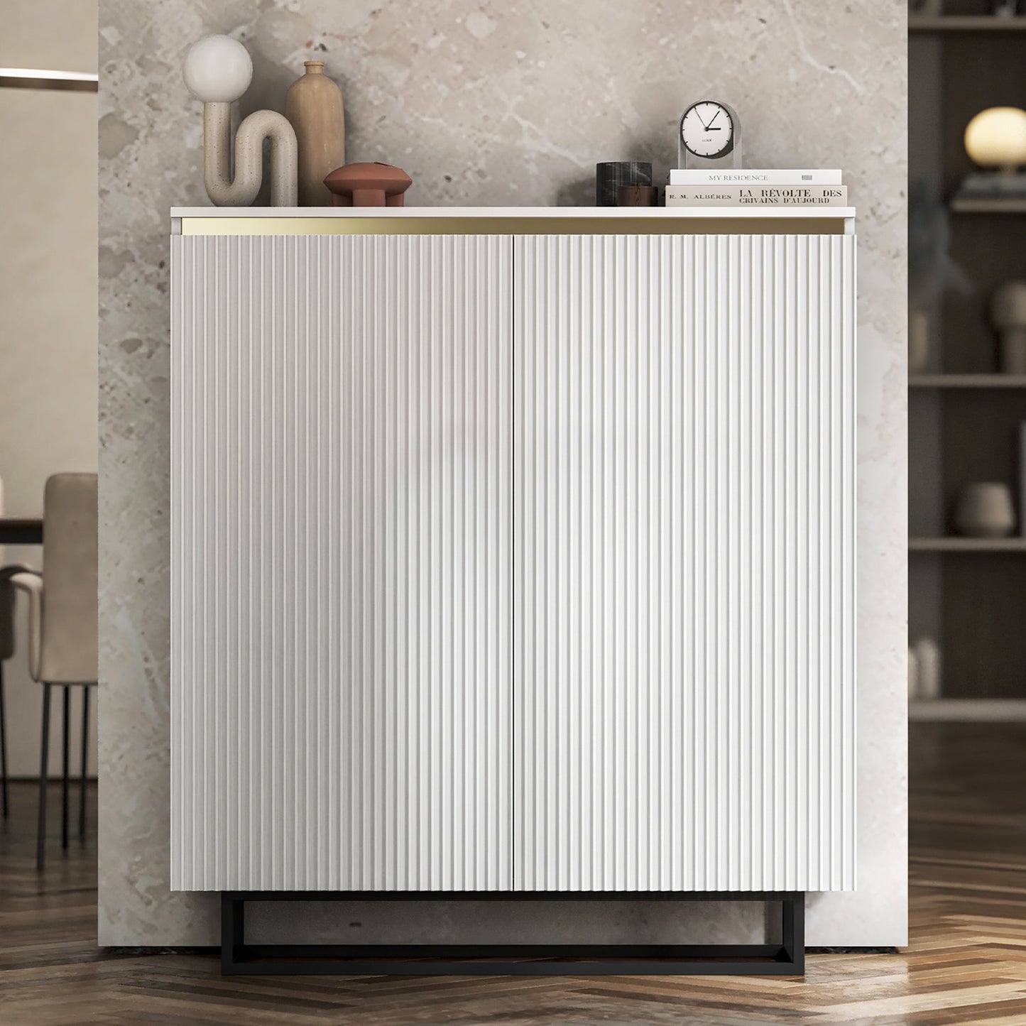 Selene Fluted Storage Cabinet – 2-Door Modern Sideboard - White / Black Frame