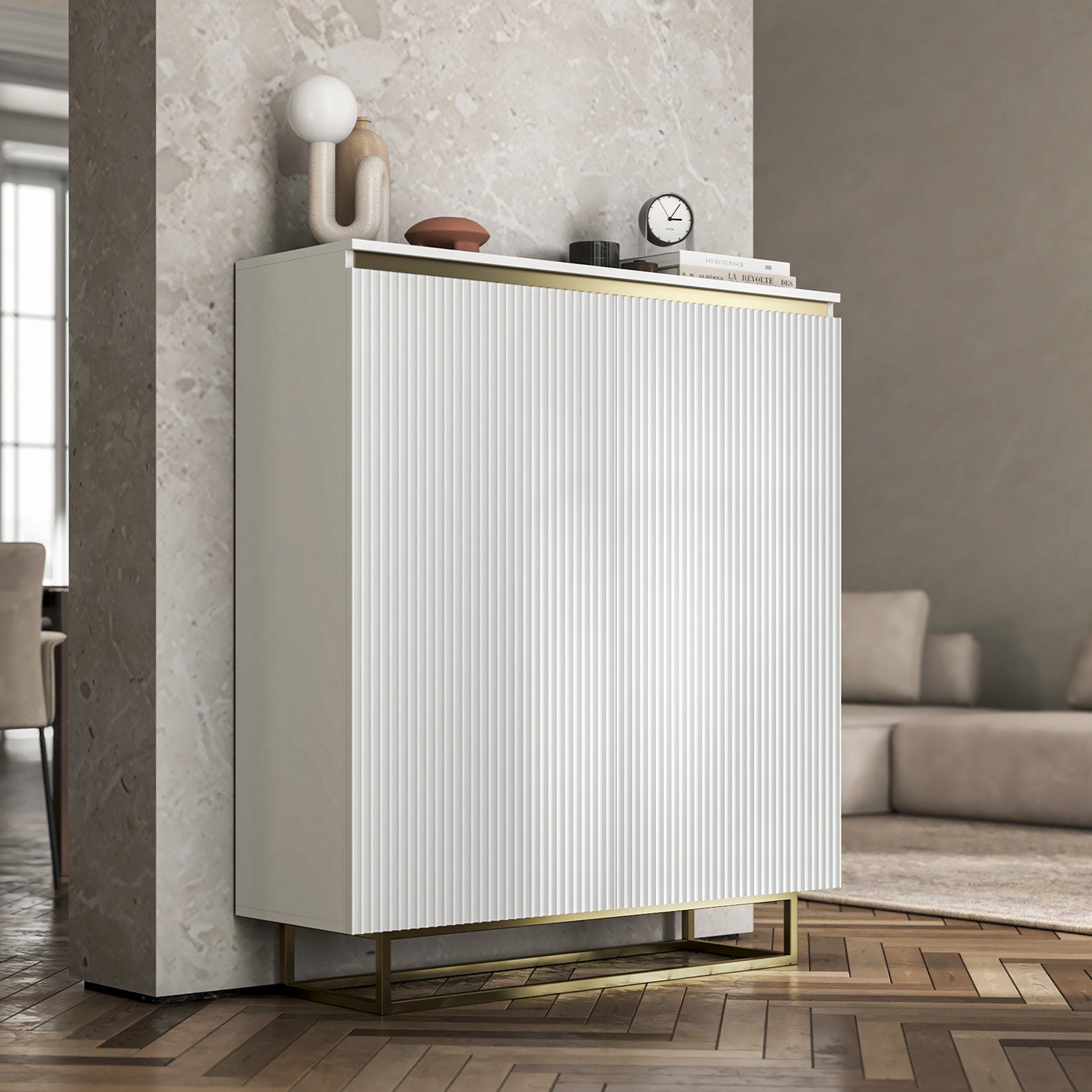 Selene Fluted Storage Cabinet – 2-Door Modern Sideboard - White / Gold Frame