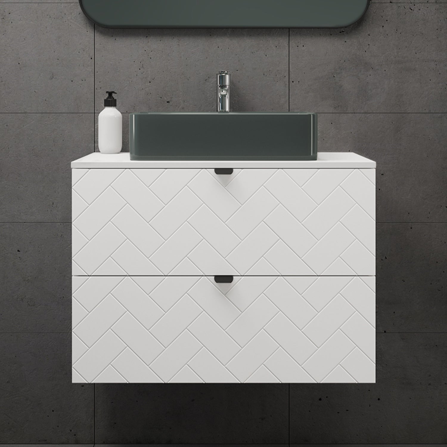 Trend Herringbone Pattern Door 80cm Bathroom Cabinet Vanity Unit with Worktop - White