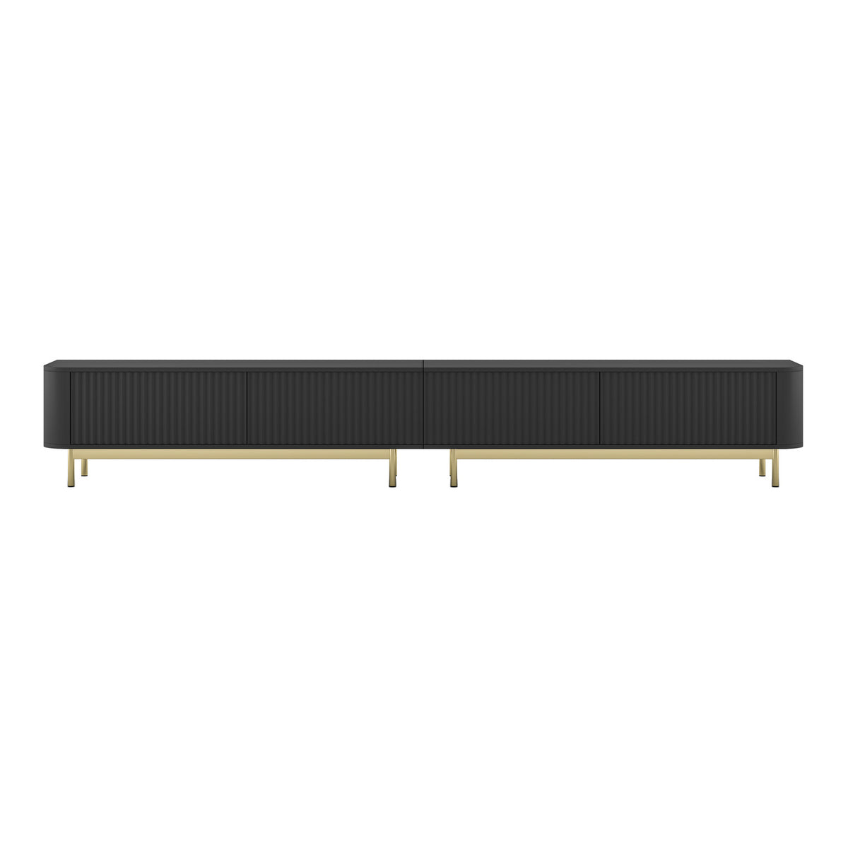 Aurora Rouded Corners Flutted TV Unit 280cm Glamour Style with Frame Legs - Black / Gold Frame