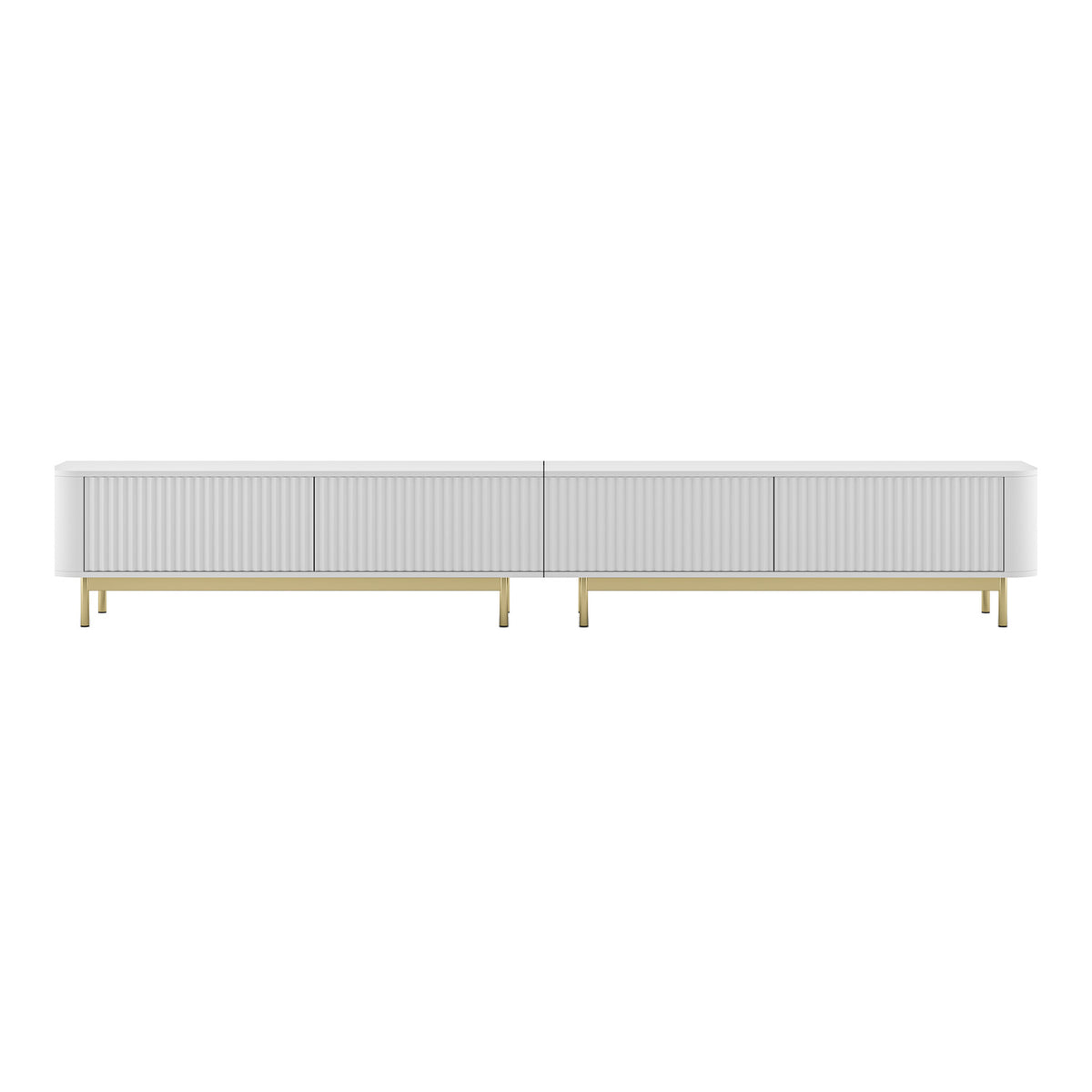 Aurora Rouded Corners Flutted TV Unit 280cm Glamour Style with Frame Legs - White / Gold Frame