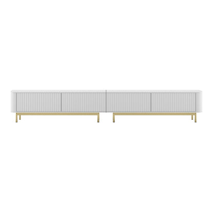 Aurora Rouded Corners Flutted TV Unit 280cm Glamour Style with Frame Legs - White / Gold Frame