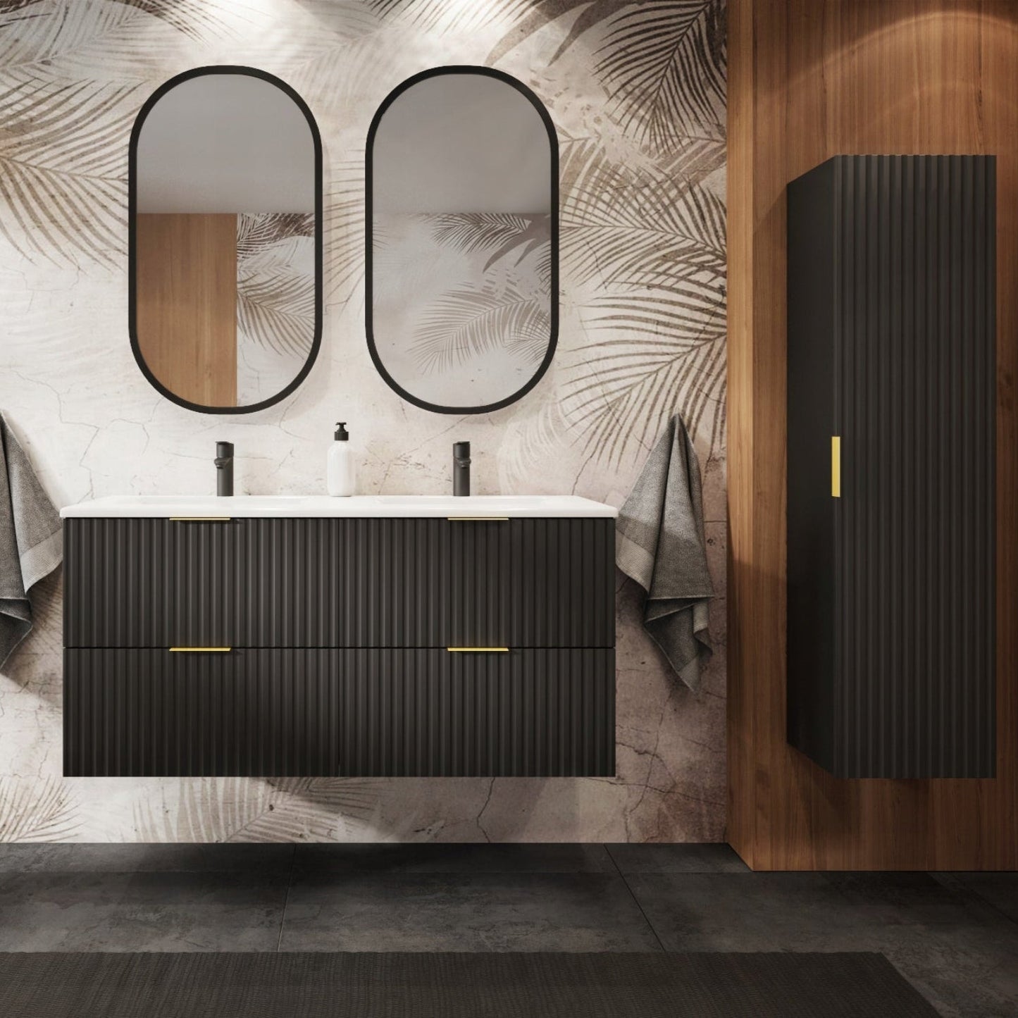 Flow Wall-Mounted Tall Bathroom Cabinet 136cm - Black