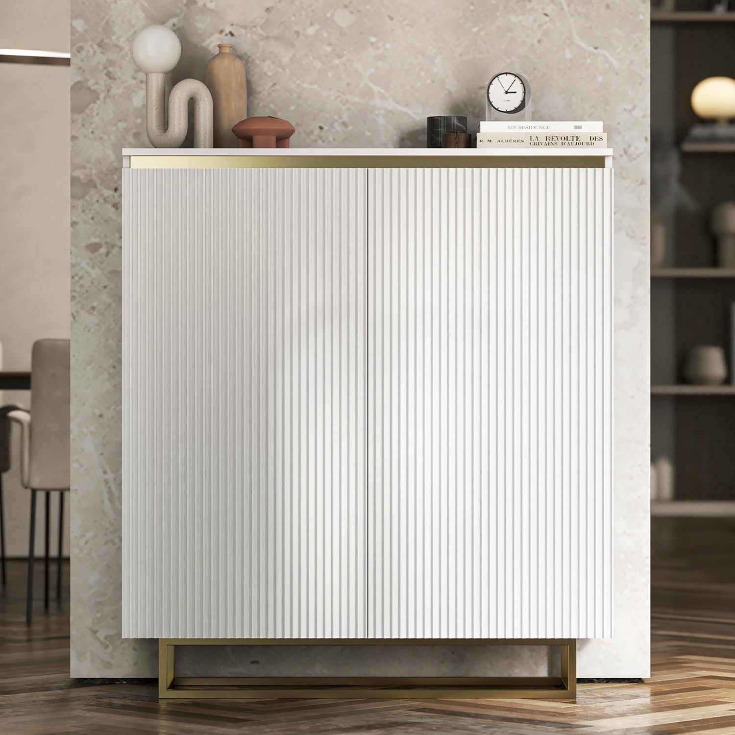 Selene Fluted Storage Cabinet – 2-Door Modern Sideboard - White / Gold Frame
