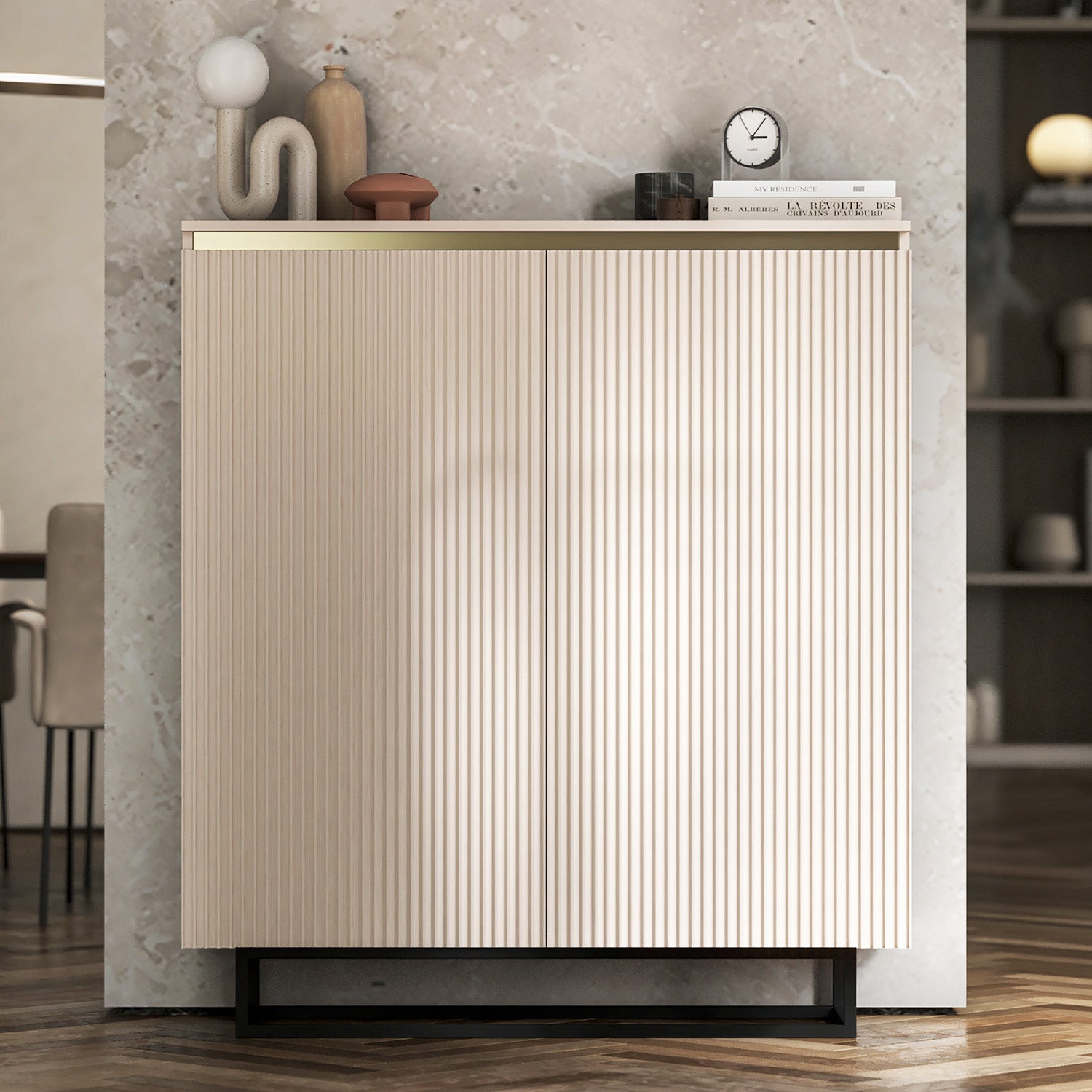 Selene Fluted Storage Cabinet – 2-Door Modern Sideboard - Cashmere / Black Frame