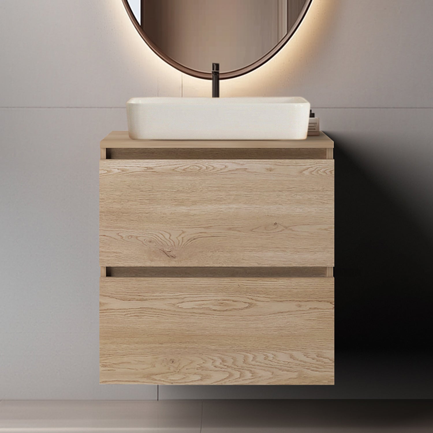 Simple Minimalist Bathroom Vanity Cabinet 60cm with Worktop Basin - Light Oak