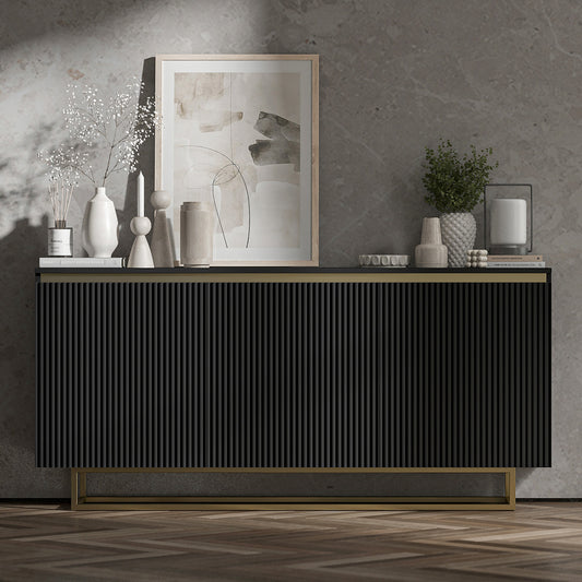 Selene Modern Ribbed-Texture Chest of Drawers with 3 Doors - Black / Gold Frame