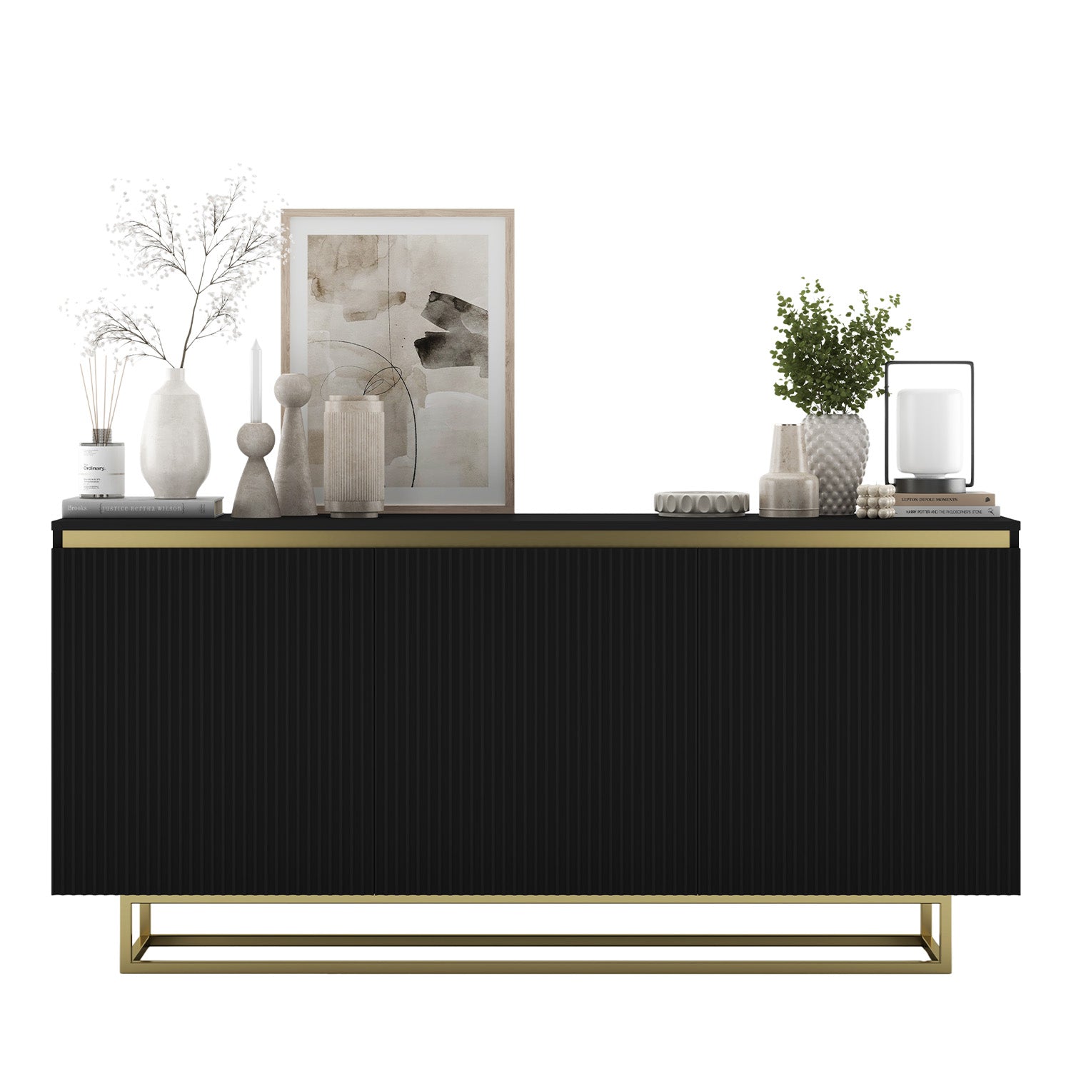 Selene Modern Ribbed-Texture Chest of Drawers with 3 Doors - Black / Gold Frame