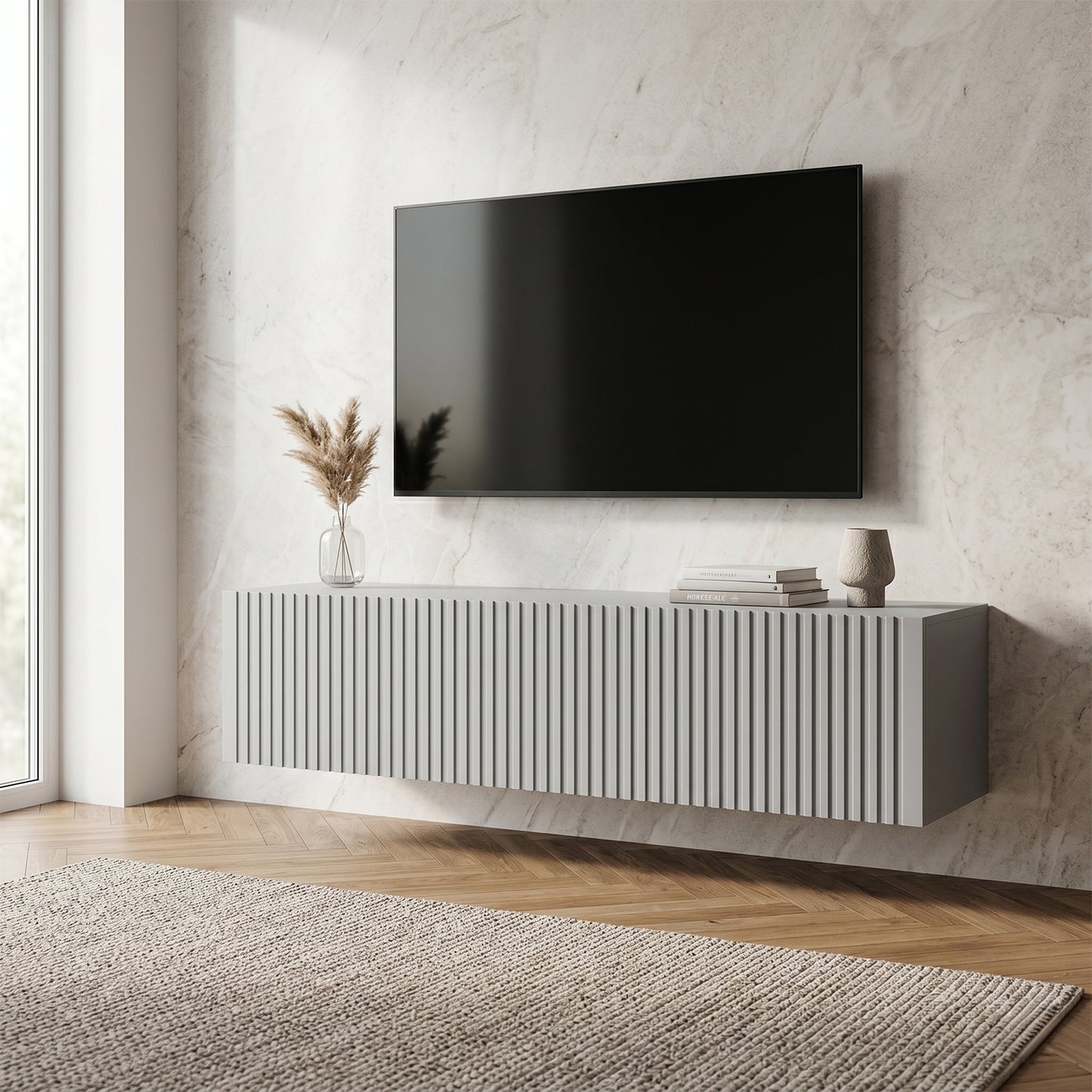 Joyce Wall Mounted TV Unit Modern Fluted Matt Finish 150cm - Arctic Grey