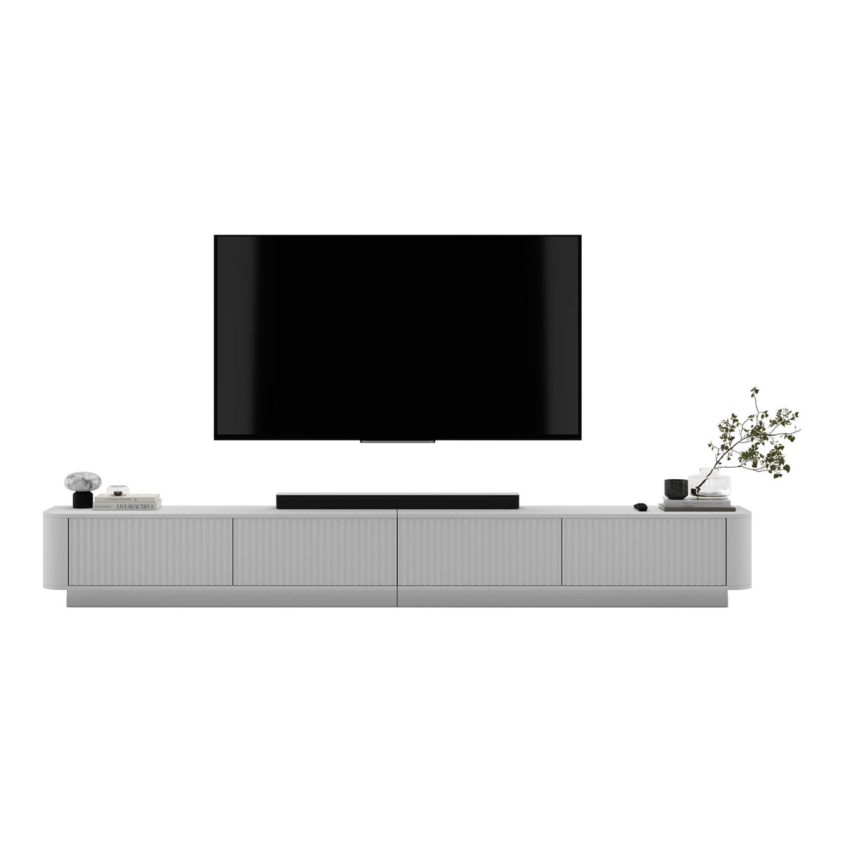 Aurora Rouded Corners Flutted TV Unit 280cm Glamour Style with Plinth Stand - White