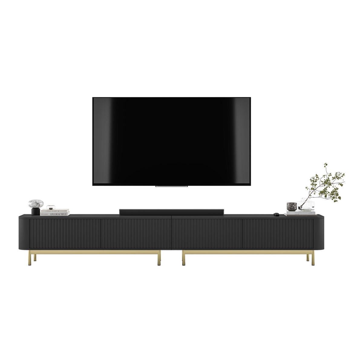 Aurora Rouded Corners Flutted TV Unit 280cm Glamour Style with Frame Legs - Black / Gold Frame
