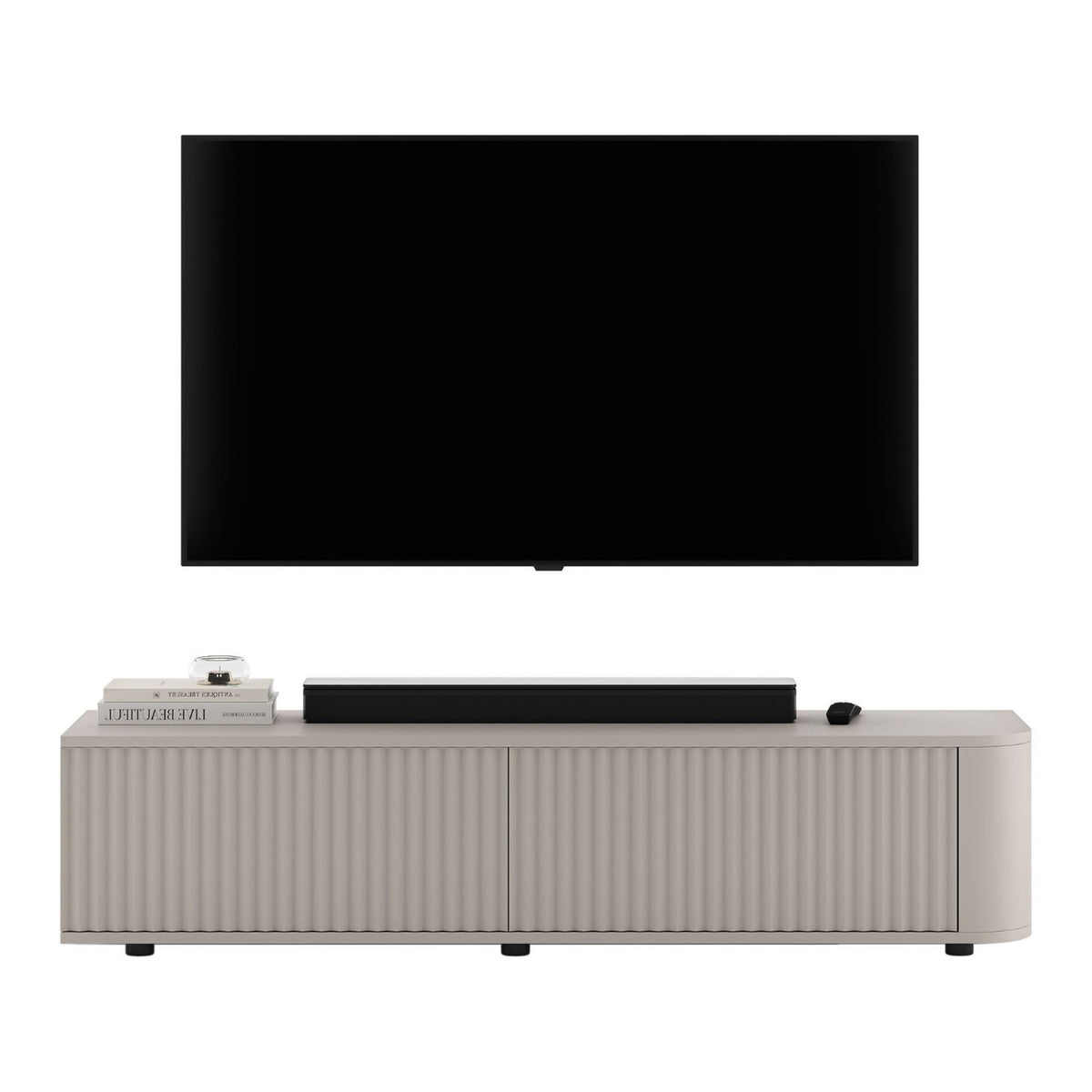 Aurora Rounded Corner Fluted TV Unit 140cm Glamour Style with Floor Pads - Cashmere