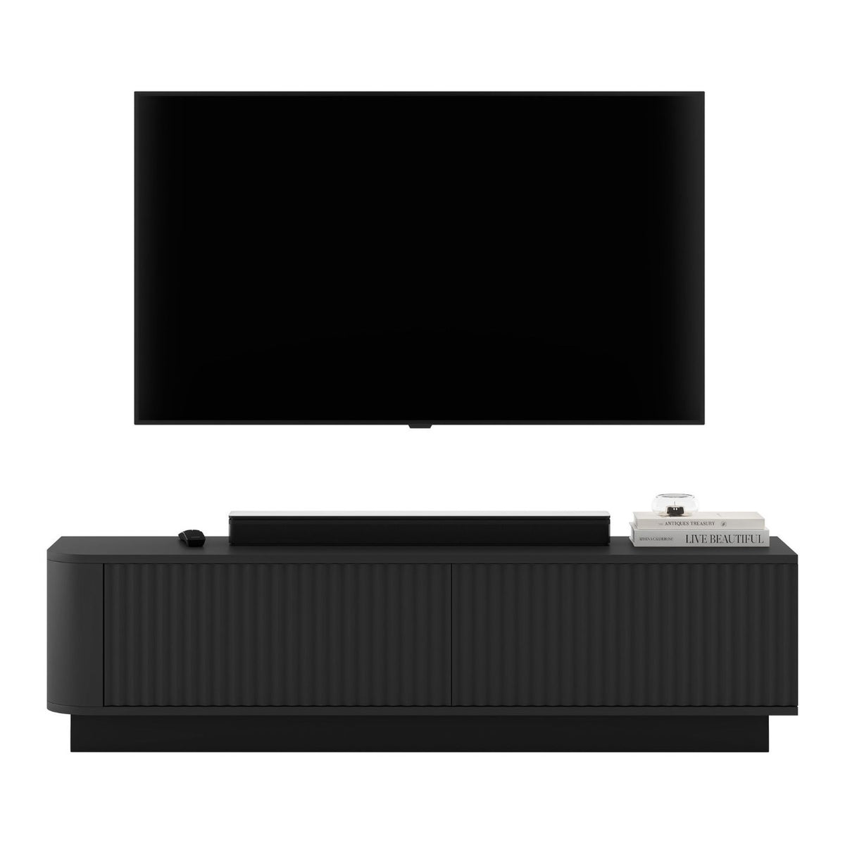 Aurora Rounded Corner Flutted TV Unit 140cm Glamour Style with Plinth Stand - Black