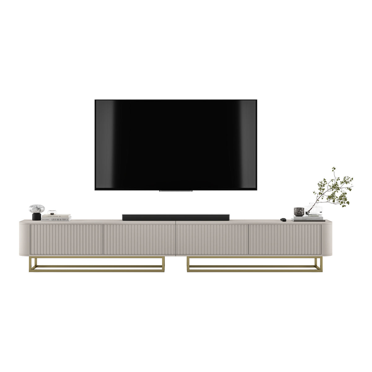 Aurora Rouded Corners Flutted TV Unit 280cm Glamour Style with Frame Stand - Cashmere / Gold Frame