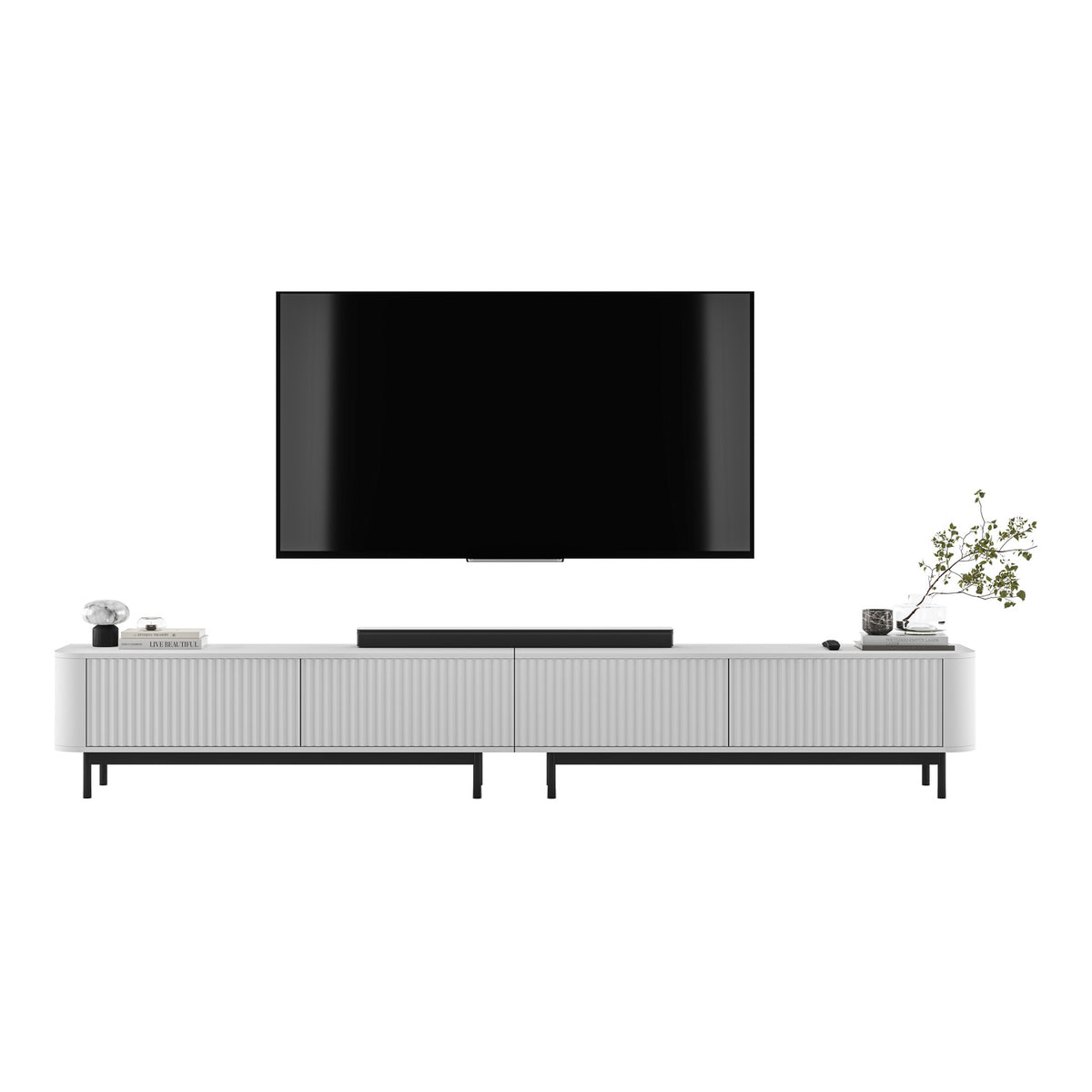 Aurora Rouded Corners Flutted TV Unit 280cm Glamour Style with Frame Legs - White / Black Frame