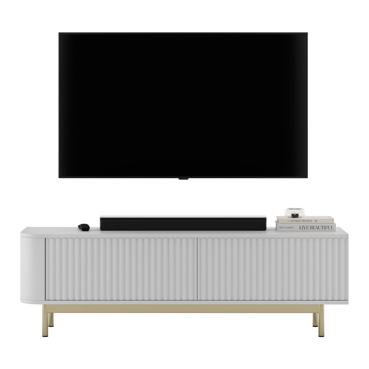 Aurora Rounded Corner Flutted TV Unit 140cm Glamour Style with Frame Legs - White / Gold