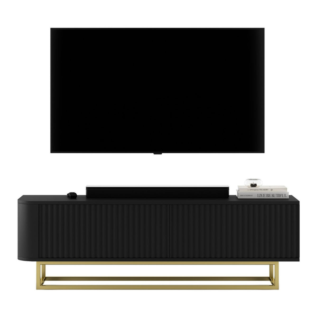 Aurora Rounded Corner Fluted TV Unit 140cm Glamour Style with Frame Stand - Black / Gold