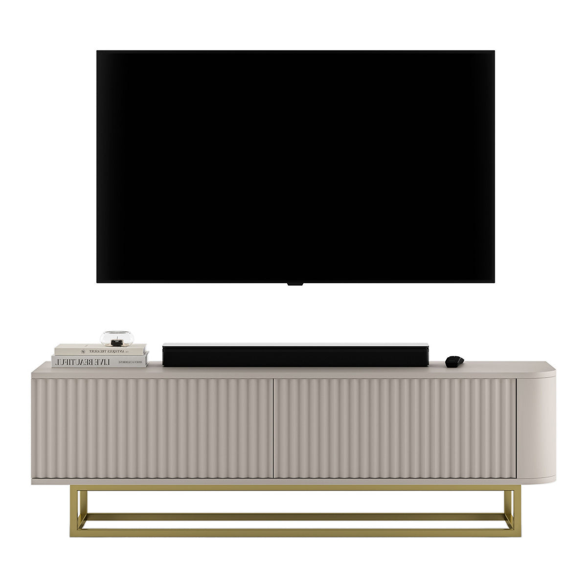 Aurora Rounded Corner Fluted TV Unit 140cm Glamour Style with Frame Stand - Cashmere / Gold