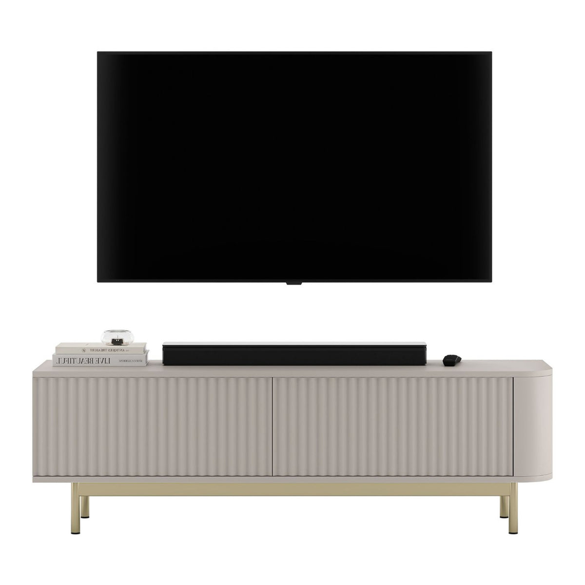 Aurora Rounded Corner Fluted TV Unit 140cm Glamour Style with Frame Legs - Cashmere / Gold