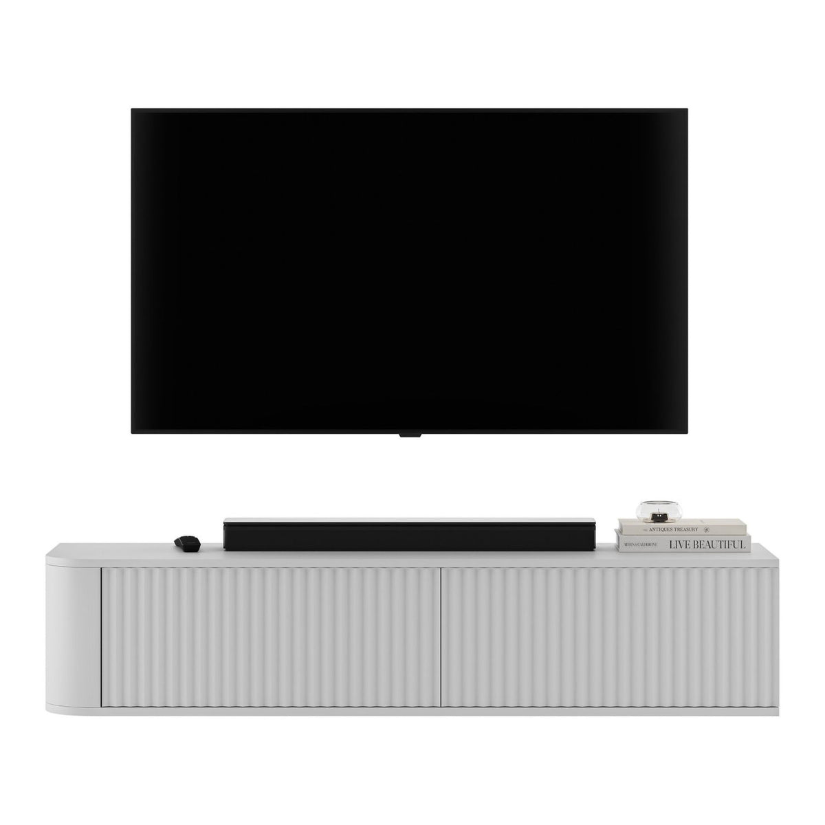 Aurora Rounded Corner Wall Mounted Flutted TV Unit 140cm Glamour Style - White