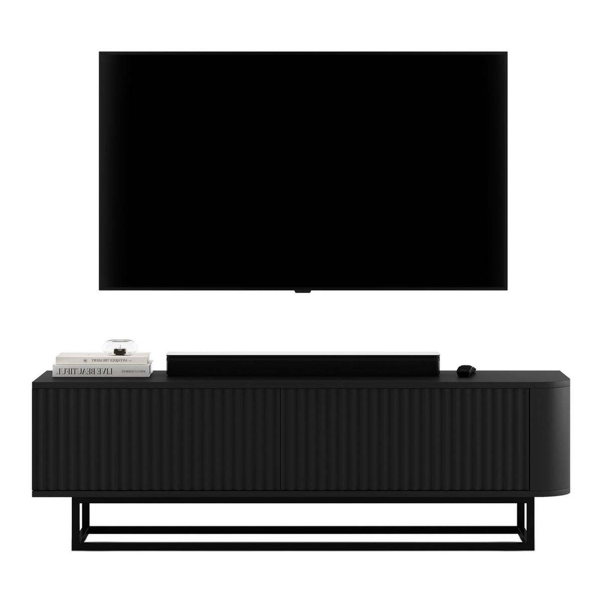 Aurora Rounded Corner Fluted TV Unit 140cm Glamour Style with Frame Stand - Black / Black