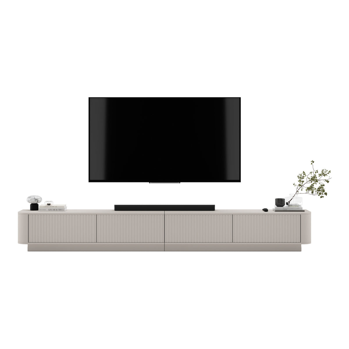 Aurora Rouded Corners Flutted TV Unit 280cm Glamour Style with Plinth Stand - Cashmere