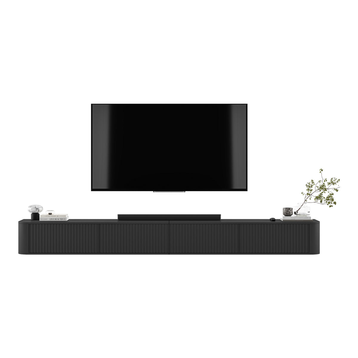 Aurora Rouded Corners Wall Mounted Flutted TV Unit 280cm Glamour Style - Black