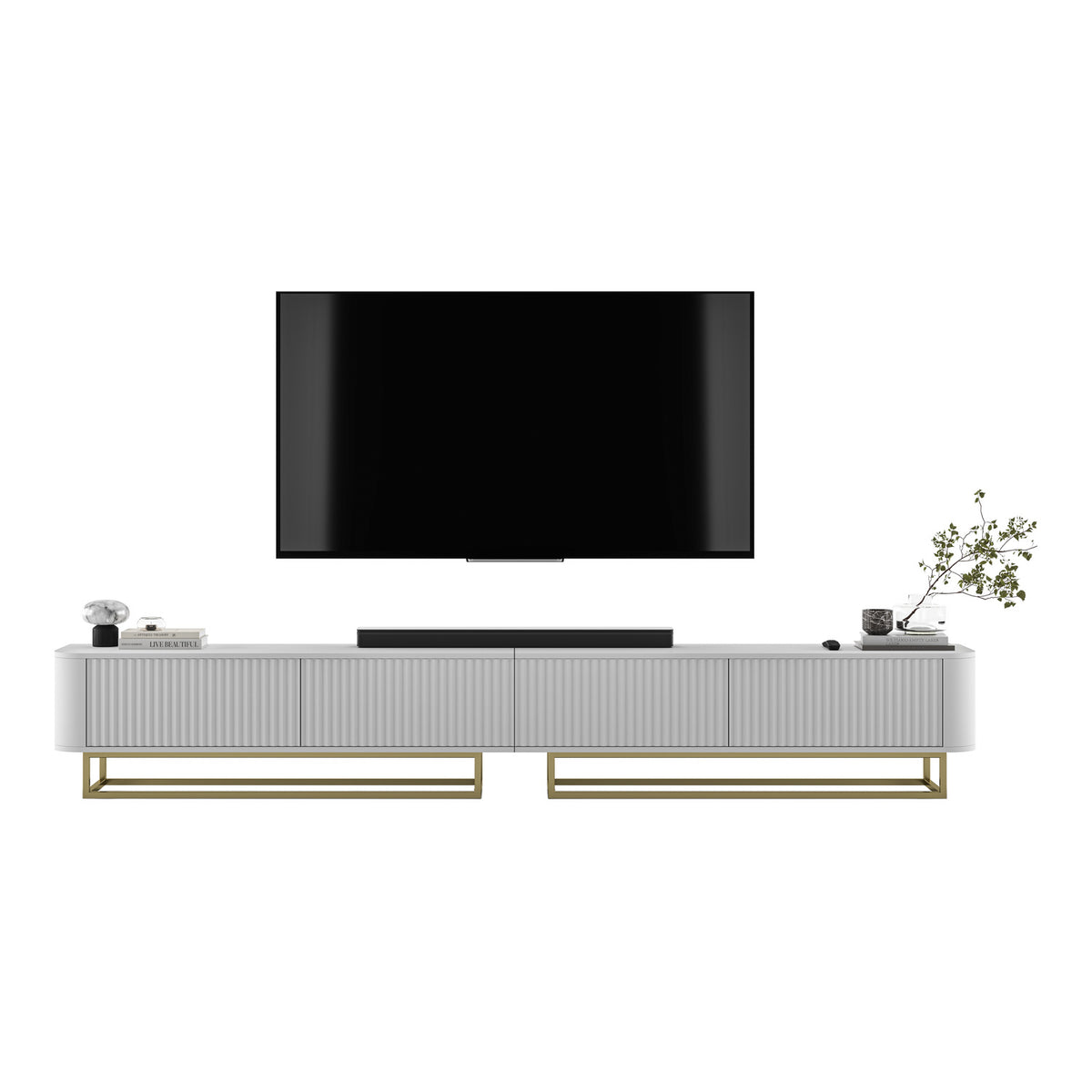 Aurora Rouded Corners Flutted TV Unit 280cm Glamour Style with Frame Stand - White / Gold Frame