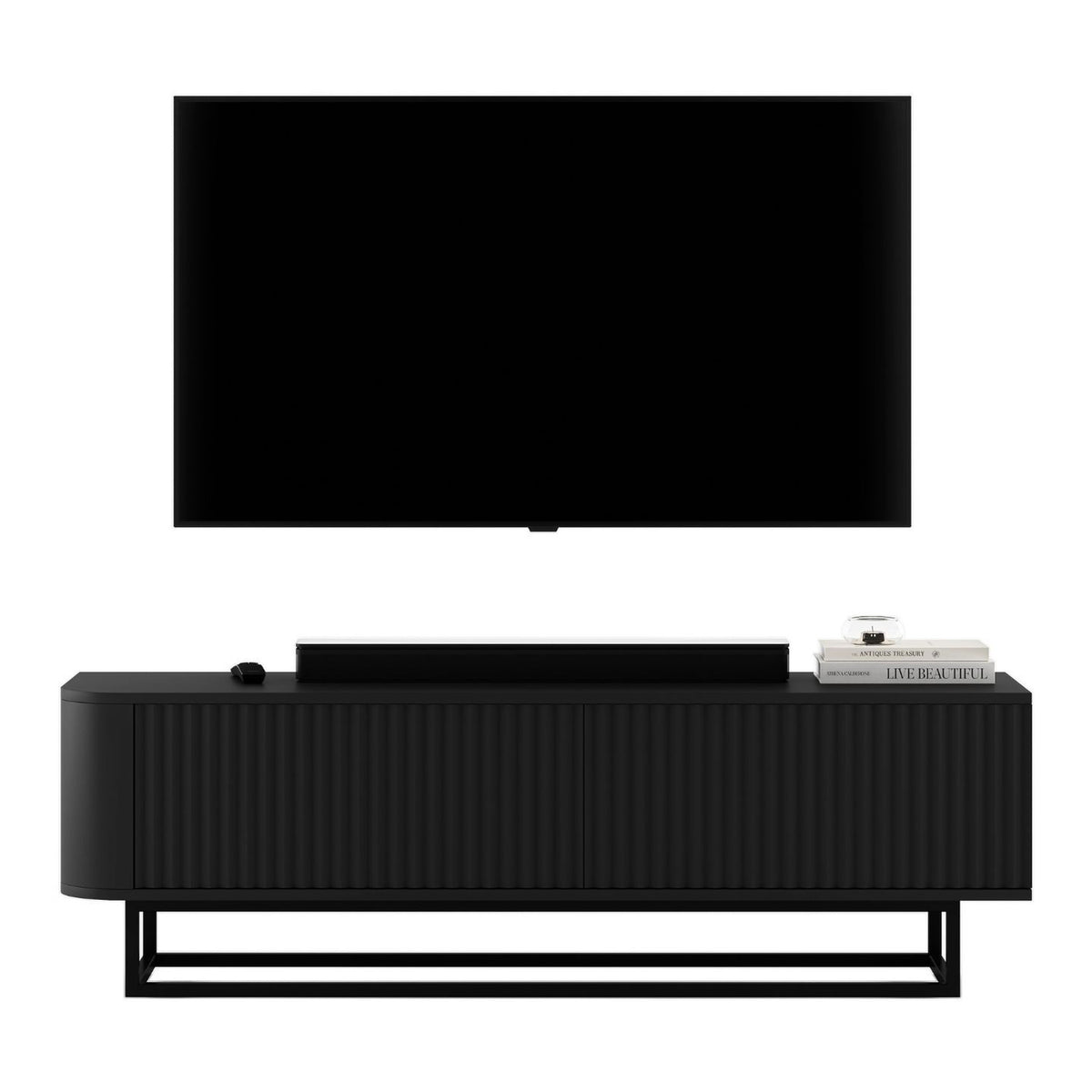 Aurora Rounded Corner Fluted TV Unit 140cm Glamour Style with Frame Stand - Black / Black