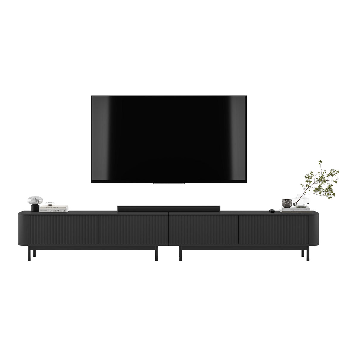 Aurora Rouded Corners Flutted TV Unit Glamour Style with Frame Legs - Black / Black Frame