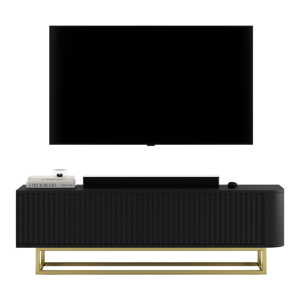 Aurora Rounded Corner Fluted TV Unit 140cm Glamour Style with Frame Stand - Black / Gold