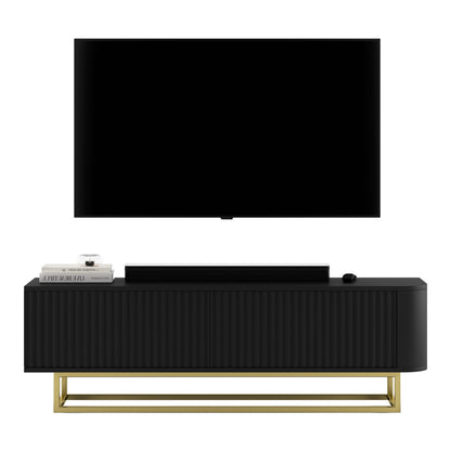 Aurora Rounded Corner Fluted TV Unit 140cm Glamour Style with Frame Stand - Black / Gold