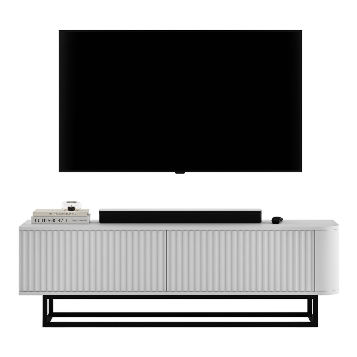 Aurora Rounded Corner Fluted TV Unit 140cm Glamour Style with Frame Stand - White / Black
