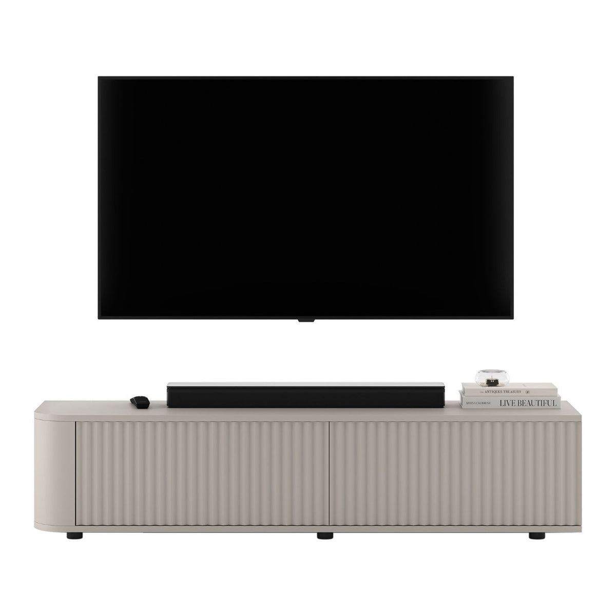 Aurora Rounded Corner Fluted TV Unit 140cm Glamour Style with Floor Pads - Cashmere