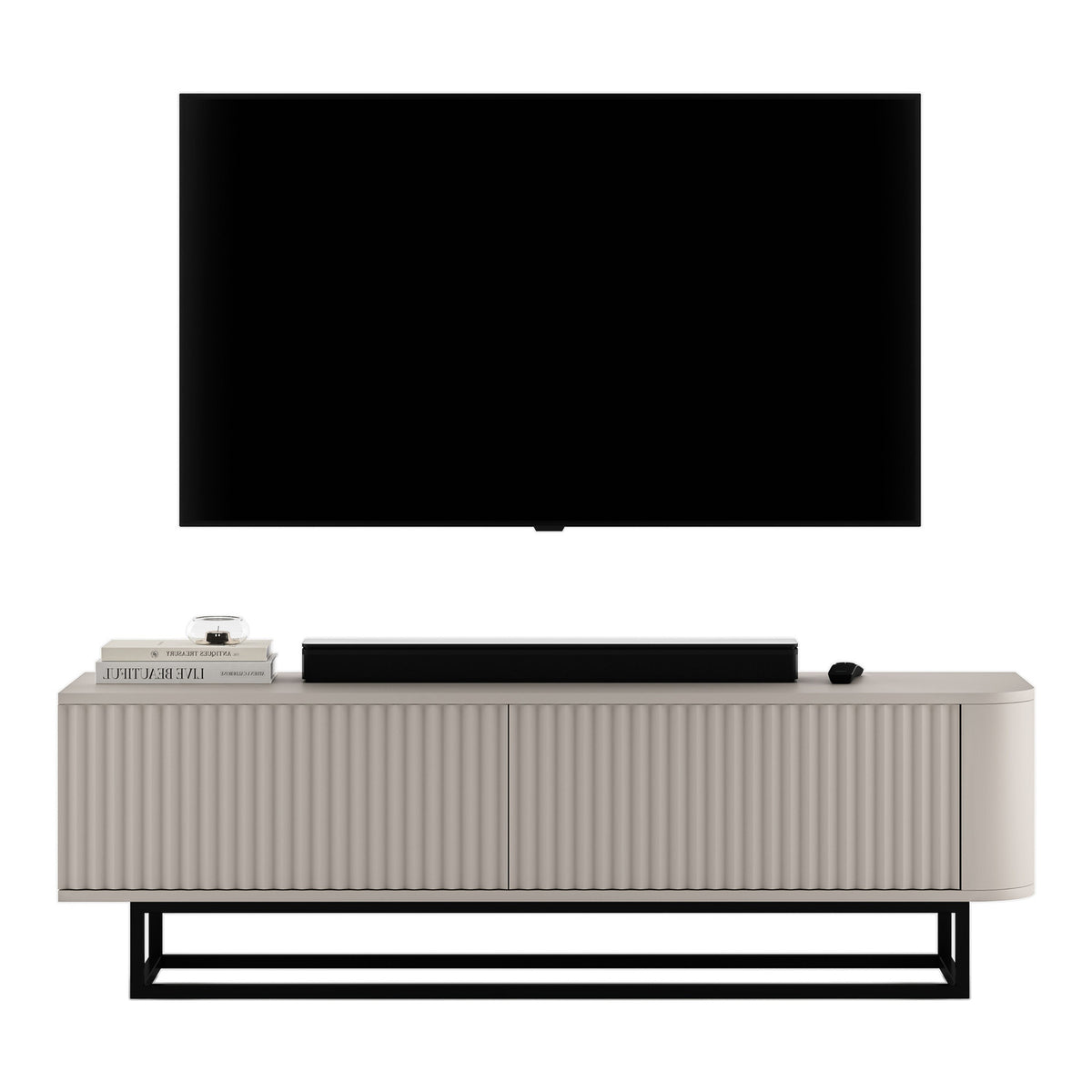 Aurora Rounded Corner Fluted TV Unit 140cm Glamour Style with Frame Stand - Cashmere / Black